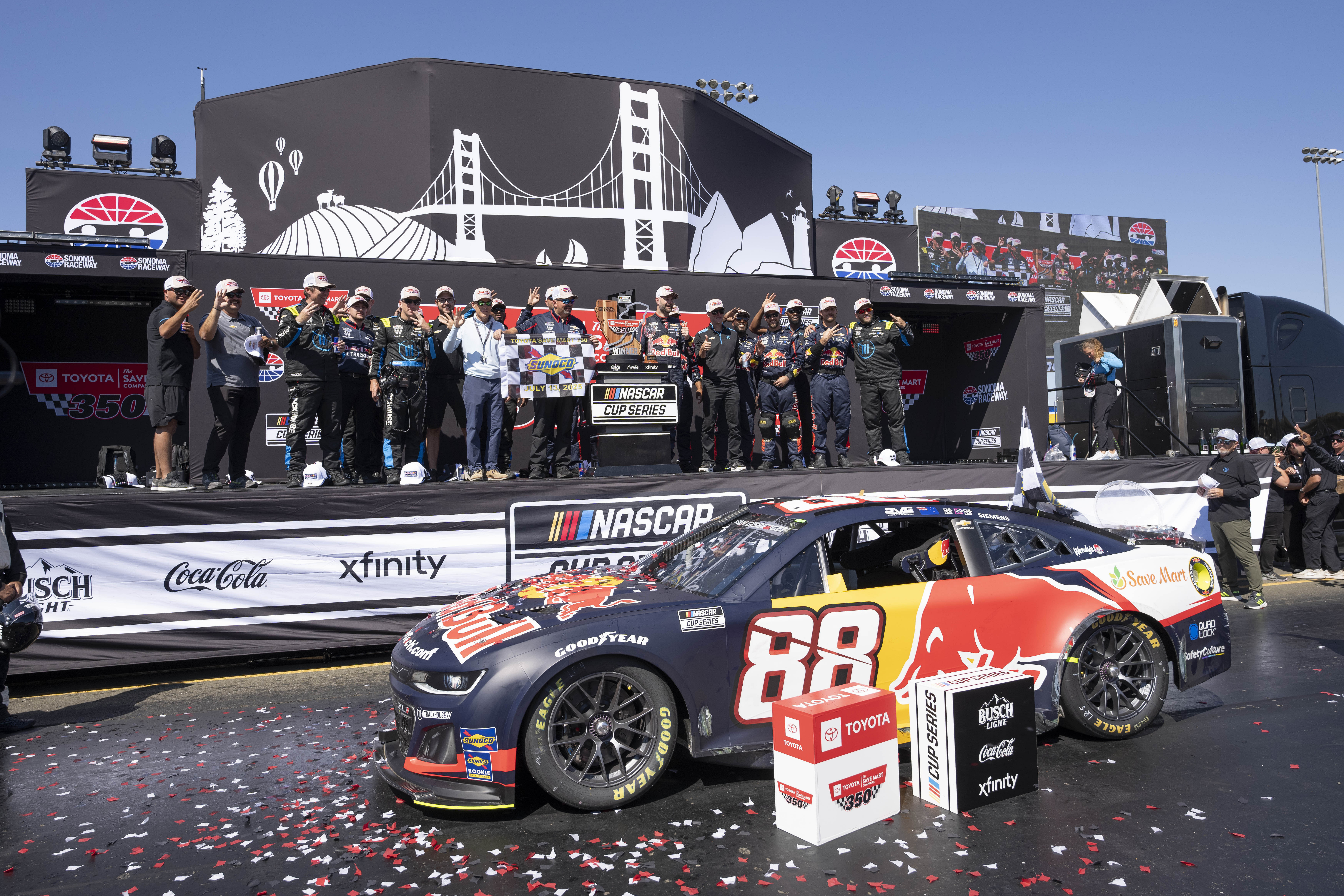NASCAR Cup Series driver Shane van Gisbergen (88) celebrates with his team after winning the NASCAR Toyota / Save Mart 350 at Sonoma Raceway - Source: Imagn